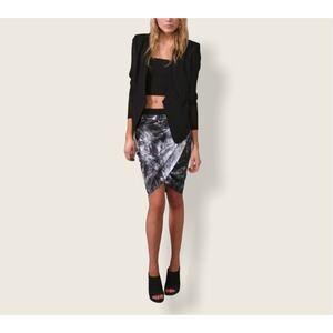 Helmut Lang SILK Cellophane Print Faux Tulip Hem Wrap Skirt Black Silver & Blue